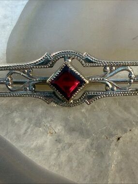 Vintage art deco Victorian? Silver Filigree Bar Brooch Red Stone Guc 2”  Dainty